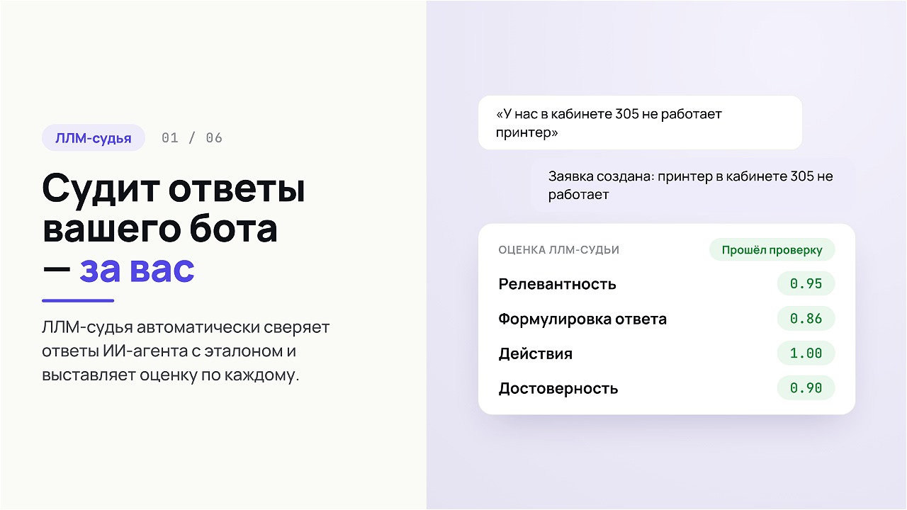 Судья автоматически сверяет ответы бота с эталоном и выставляет оценку по каждому