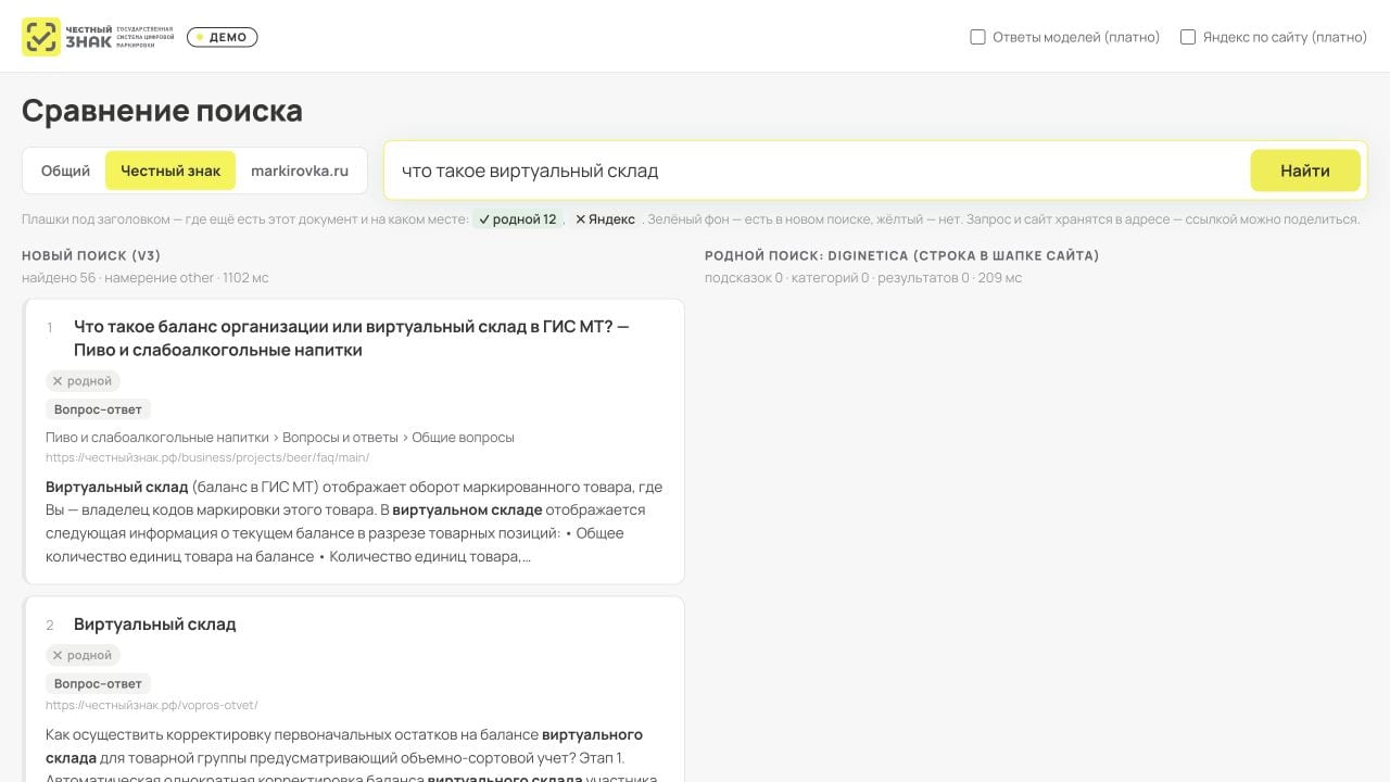 Сравнение по вопросу о виртуальном складе: материал с определением слева, пустая выдача справа